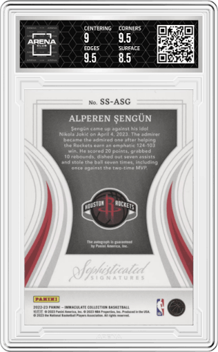 Alperen Sengun  from the 2022-23 Panini Immaculate Collection set graded by Arena Club and given an overall grade of 9.