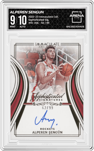Alperen Sengun  from the 2022-23 Panini Immaculate Collection set graded by Arena Club and given an overall grade of 9.