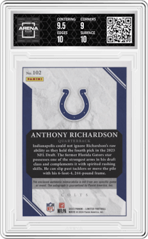 Anthony Richardson from the 2023 Panini Limited set featuring a Holographic Spotlight parallel graded by Arena Club and given an overall grade of 9.5.