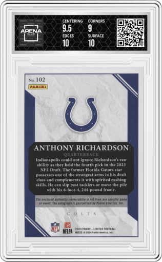 Anthony Richardson from the 2023 Panini Limited set featuring a Holographic Spotlight parallel graded by Arena Club and given an overall grade of 9.5.