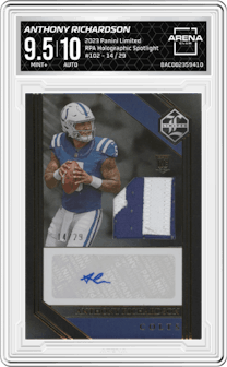 Anthony Richardson from the 2023 Panini Limited set featuring a Holographic Spotlight parallel graded by Arena Club and given an overall grade of 9.5.