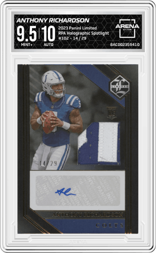 Anthony Richardson from the 2023 Panini Limited set featuring a Holographic Spotlight parallel graded by Arena Club and given an overall grade of 9.5.