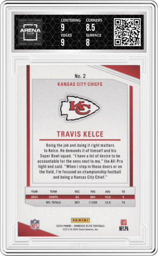 Travis Kelce from the 2024 Panini Donruss Elite set graded by Arena Club and given an overall grade of 8.5.