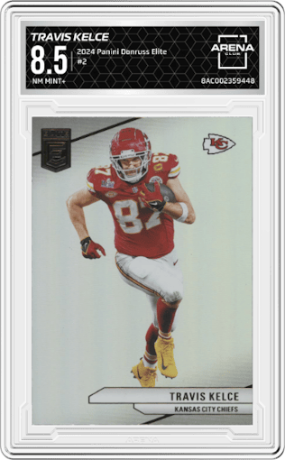 Travis Kelce from the 2024 Panini Donruss Elite set graded by Arena Club and given an overall grade of 8.5.