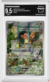 Charmander from the 2023 Pokemon SV set featuring a Obsidian Flame Elite Trainer Box parallel graded by Arena Club and given an overall grade of 9.5.