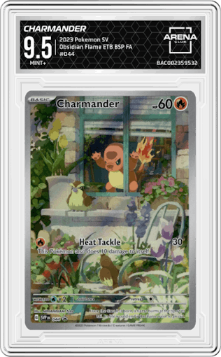 Charmander from the 2023 Pokemon SV set featuring a Obsidian Flame Elite Trainer Box parallel graded by Arena Club and given an overall grade of 9.5.