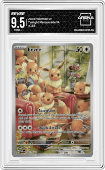 Eevee from the 2024 Pokemon SV set graded by Arena Club and given an overall grade of 9.5.