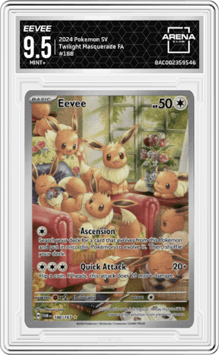 Eevee from the 2024 Pokemon SV set graded by Arena Club and given an overall grade of 9.5.