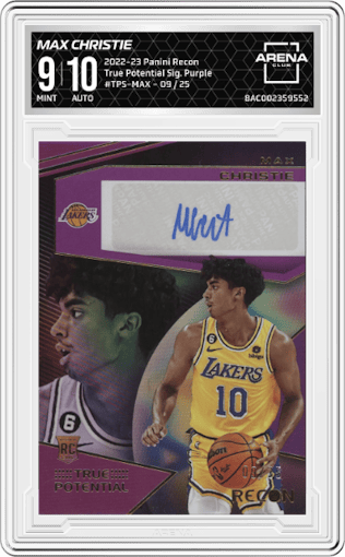 Max Christie  from the 2022-23 Panini Recon set featuring a Purple parallel graded by Arena Club and given an overall grade of 9.