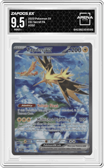 Zapdos EX from the 2023 Pokemon SV set graded by Arena Club and given an overall grade of 9.5.