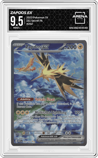 Zapdos EX from the 2023 Pokemon SV set graded by Arena Club and given an overall grade of 9.5.