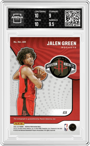 Jalen Green from the 2021-22 Panini Revolution  set featuring a Asia parallel graded by Arena Club and given an overall grade of 9.5.