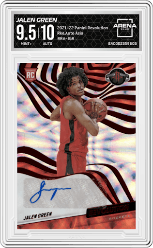 Jalen Green from the 2021-22 Panini Revolution  set featuring a Asia parallel graded by Arena Club and given an overall grade of 9.5.