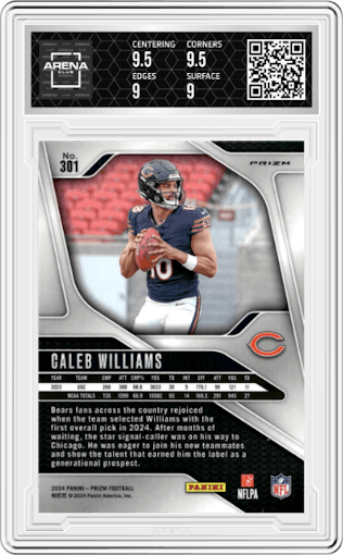 Caleb Williams from the 2024 Panini Prizm set featuring a Lazer Prizm parallel graded by Arena Club and given an overall grade of 9.5.
