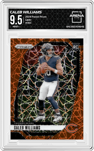 Caleb Williams from the 2024 Panini Prizm set featuring a Lazer Prizm parallel graded by Arena Club and given an overall grade of 9.5.