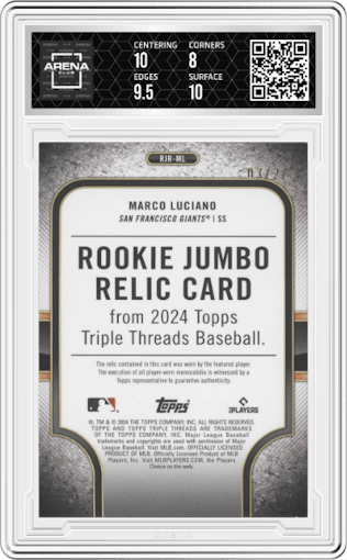 Marco Luciano from the 2024 Topps Triple Threads set featuring a Emerald parallel graded by Arena Club and given an overall grade of 8.5.