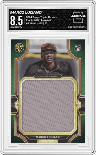 Marco Luciano from the 2024 Topps Triple Threads set featuring a Emerald parallel graded by Arena Club and given an overall grade of 8.5.