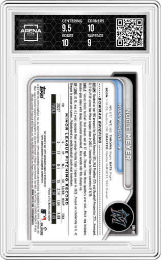 Noble Meyer from the 2024 Bowman Chrome Mega Box set graded by Arena Club and given an overall grade of 9.5.