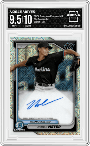 Noble Meyer from the 2024 Bowman Chrome Mega Box set graded by Arena Club and given an overall grade of 9.5.