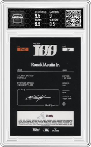 Ronald Acuna Jr. from the 2022 Topps Project100 set graded by Arena Club and given an overall grade of 9.