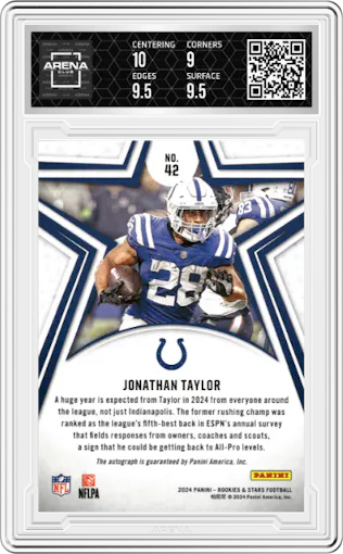 Jonathan Taylor from the 2024 Panini Rookies & Stars set featuring a True Blue parallel graded by Arena Club and given an overall grade of 9.5.