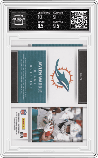 Jaylen Waddle from the 2021 Panini One set featuring a Bronze parallel graded by Arena Club and given an overall grade of 9.5.