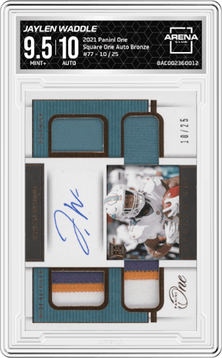 Jaylen Waddle from the 2021 Panini One set featuring a Bronze parallel graded by Arena Club and given an overall grade of 9.5.