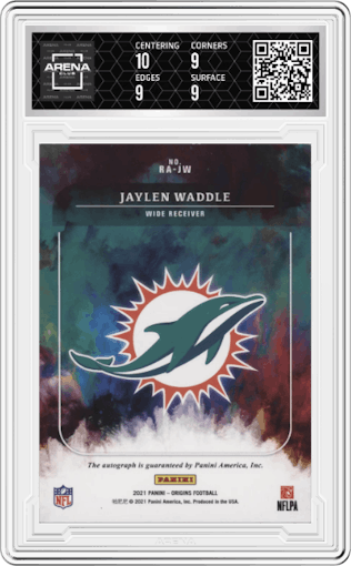 Jaylen Waddle from the 2021 Panini Origins set graded by Arena Club and given an overall grade of 9.5.