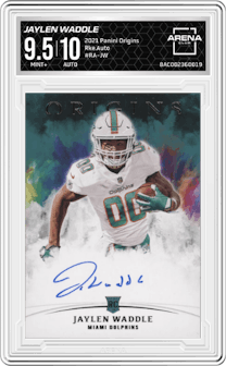 Jaylen Waddle from the 2021 Panini Origins set graded by Arena Club and given an overall grade of 9.5.