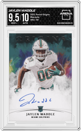 Jaylen Waddle from the 2021 Panini Origins set graded by Arena Club and given an overall grade of 9.5.