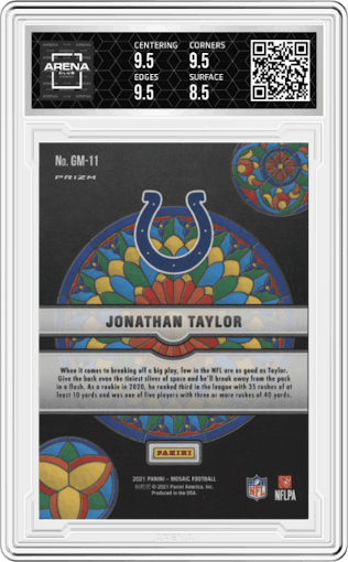 Jonathan Taylor from the 2021 Panini Mosaic set graded by Arena Club and given an overall grade of 9.
