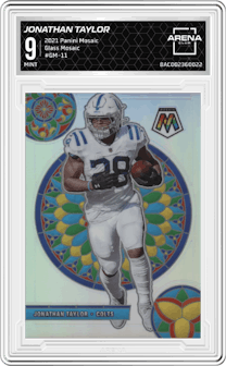 Jonathan Taylor from the 2021 Panini Mosaic set graded by Arena Club and given an overall grade of 9.
