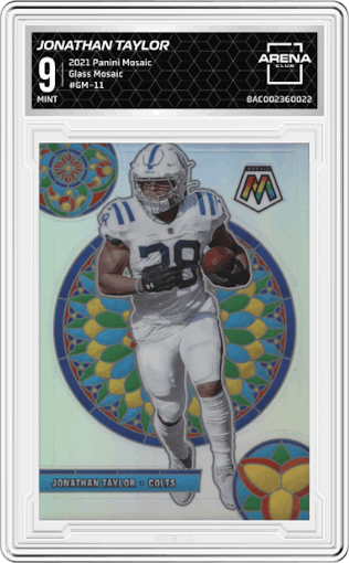 Jonathan Taylor from the 2021 Panini Mosaic set graded by Arena Club and given an overall grade of 9.