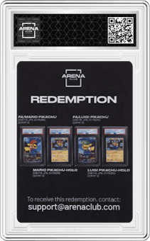 Redemption from the Mario & Luigi Pikachu set graded by Arena Club and given an overall grade of 0.