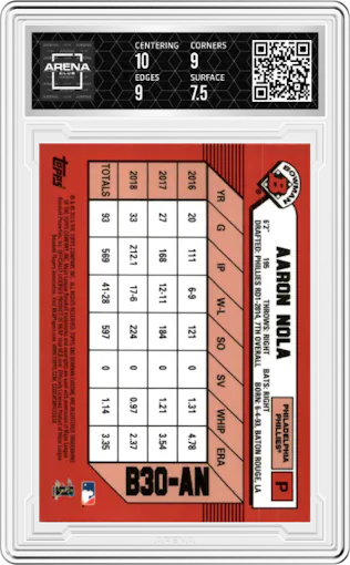 Aaron Nola from the 2021 Topps Archives Signature Series Active Player Edition set graded by Arena Club and given an overall grade of 8.
