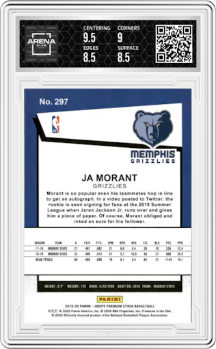 Ja Morant from the 2019-20 Panini Hoops Premium Stock set graded by Arena Club and given an overall grade of 9.