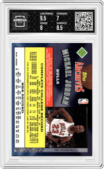 Michael Jordan from the 1992-93 Topps Archives set graded by Arena Club and given an overall grade of 7.5.