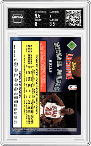 Michael Jordan from the 1992-93 Topps Archives set graded by Arena Club and given an overall grade of 7.5.