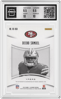 Deebo Samuel from the 2019 Panini Illusions set featuring a Blue parallel graded by Arena Club and given an overall grade of 10.