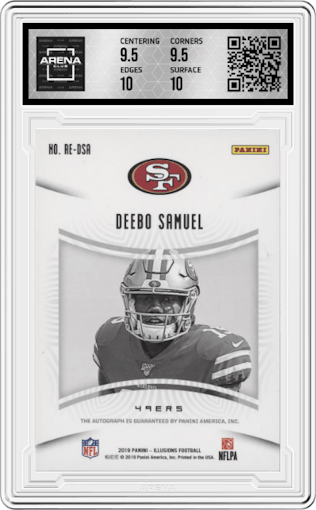 Deebo Samuel from the 2019 Panini Illusions set featuring a Blue parallel graded by Arena Club and given an overall grade of 10.
