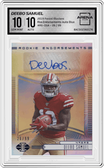 Deebo Samuel from the 2019 Panini Illusions set featuring a Blue parallel graded by Arena Club and given an overall grade of 10.