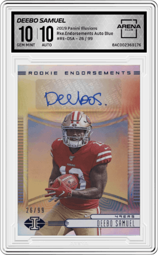Deebo Samuel from the 2019 Panini Illusions set featuring a Blue parallel graded by Arena Club and given an overall grade of 10.