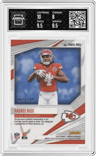 Rashee Rice from the 2023 Panini Phoenix set graded by Arena Club and given an overall grade of 8.5.