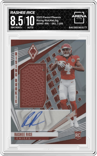 Rashee Rice from the 2023 Panini Phoenix set graded by Arena Club and given an overall grade of 8.5.