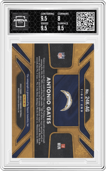 Antonio Gates from the 2024 Panini Gold Standard set graded by Arena Club and given an overall grade of 8.5.