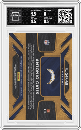 Antonio Gates from the 2024 Panini Gold Standard set graded by Arena Club and given an overall grade of 8.5.