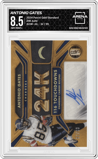 Antonio Gates from the 2024 Panini Gold Standard set graded by Arena Club and given an overall grade of 8.5.