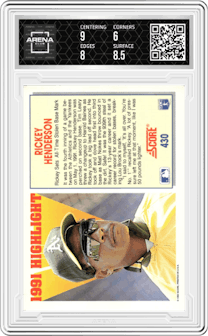 Rickey Henderson from the 1992 Score set graded by Arena Club and given an overall grade of 6.5.