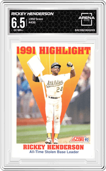 Rickey Henderson from the 1992 Score set graded by Arena Club and given an overall grade of 6.5.