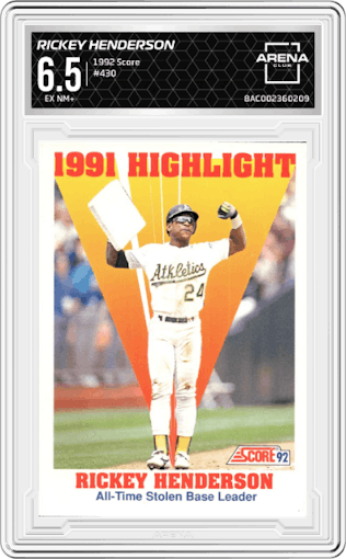 Rickey Henderson from the 1992 Score set graded by Arena Club and given an overall grade of 6.5.